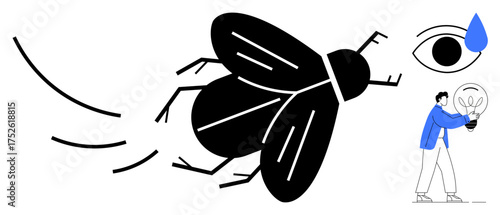 Large fly in motion, teardrop near observing eye, person holding glowing bulb. Ideal for creativity, environment, observation, emotion, problem-solving, innovation mindfulness simple flat metaphor