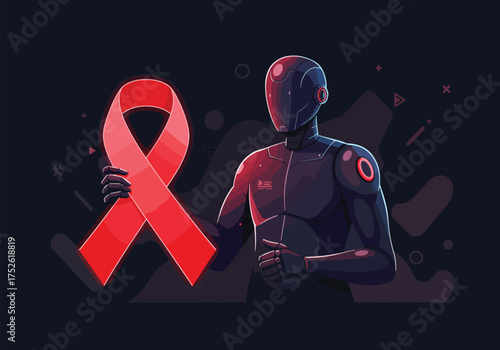 A futuristic robot holding a red ribbon, symbolizing awareness and support.