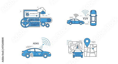 Icons of smart car technology: data, V2V, ADAS, and navigation