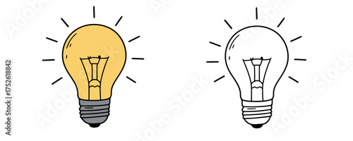 Hand-drawn style illustration of a glowing light bulb, one colored in yellow and gray, one in black outline, for idea or inspiration concept