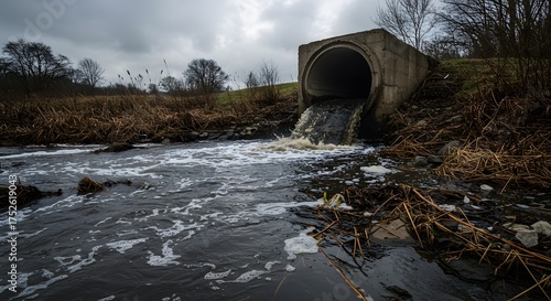 Polluted Water Flowing From Drainage Pipe into Stream