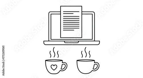 Laptop with document and two steaming coffee cups, one with a heart
