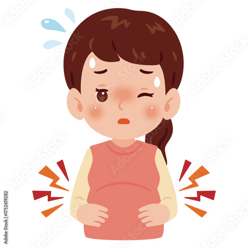 腹痛を感じる妊婦さん　上半身イラスト／Pregnant Woman with Stomach Pain　upper body illustration
