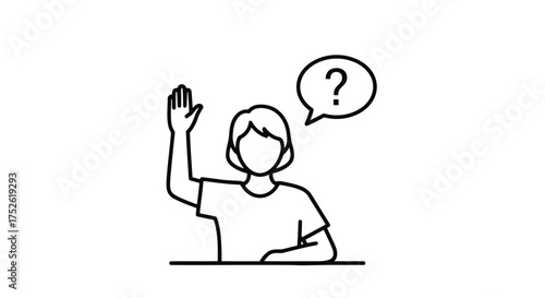 Person raising hand with question mark in speech bubble, asking a question