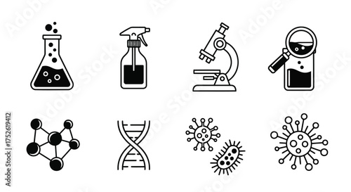 Science and Medical Icons: Flask, Microscope, DNA, Viruses, and Molecules