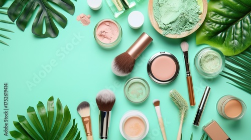 Curated Vegan Cosmetic Arrangement—Featuring Products in Soft Natural Tones—Set Against a Smooth Teal Background, Blending Eco-Friendly Beauty with Modern Styling for Beauty, Lifestyle, or Decor Visua