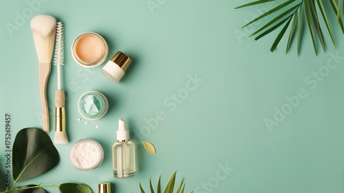 Curated Vegan Cosmetic Arrangement—Featuring Products in Soft Natural Tones—Set Against a Smooth Teal Background, Blending Eco-Friendly Beauty with Modern Styling for Beauty, Lifestyle, or Decor Visua