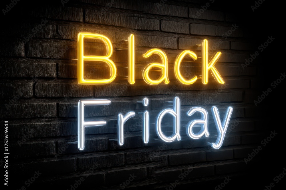 Fototapeta premium Vivid neon sign illumination highlighting Black Friday on a dark brick wall