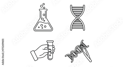 Science icons: DNA, test tubes, and flasks with bubbles