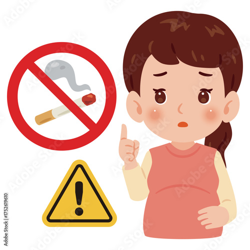 妊婦さんとタバコの禁止マーク　上半身イラスト／Pregnant Woman with No Smoking Sign　upper body illustration