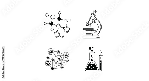 Science Icons: Molecular Structure, Microscope, Network, and Lab Equipment
