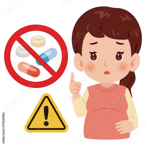 妊婦さんとクスリの禁止マーク　上半身イラスト／Pregnant Woman with No Medicine Sign　upper body illustration