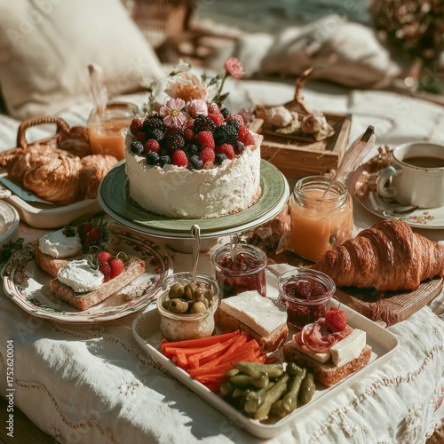 Wallpaper Mural Charming birthday picnic scene on a sunny afternoon, filled with colorful fruits, croissants, sandwiches, cheese platters, hummus, and decorative floral touches. Torontodigital.ca