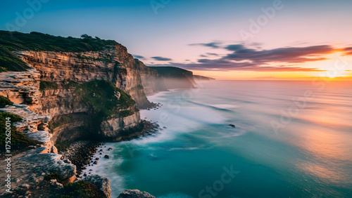 Coastal Cliffside Sunset A Tranquil View of Ocean and Horizon at Dusk, Nature's Beauty