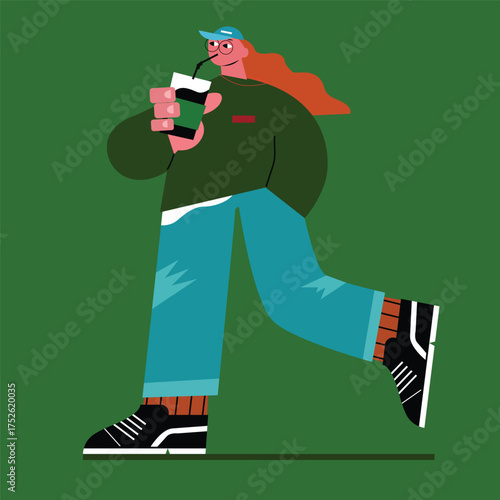 Young woman drinking coffee character