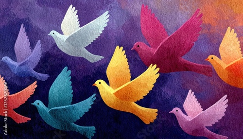 Background design for International Day of Peace with dove silhouettes, peace icons, and calming colors