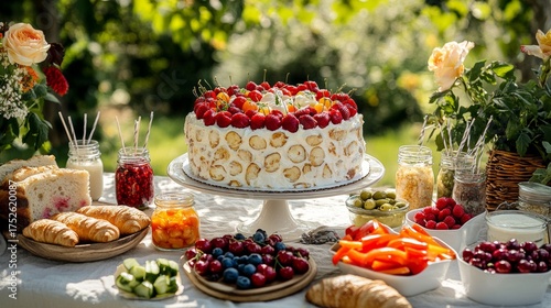 Wallpaper Mural A bright summer birthday picnic under clear skies, featuring fresh berries, a colorful cake, croissants with jam, grilled skewers, sandwiches, and vegetable sticks on a white tablecloth. Torontodigital.ca