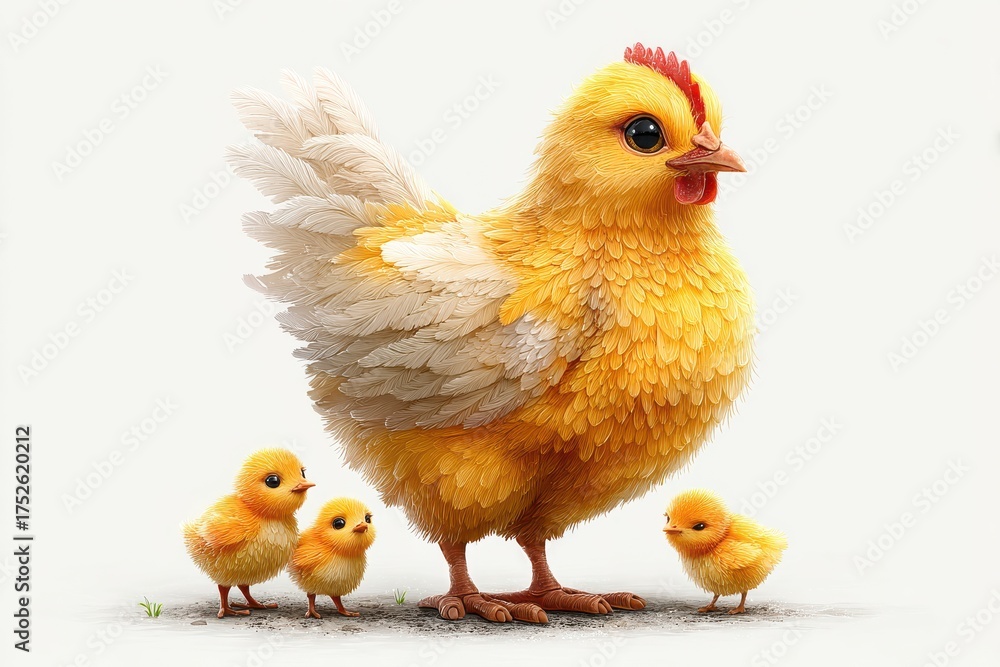 Obraz premium Mother hen with three chicks in a charming digital artwork
