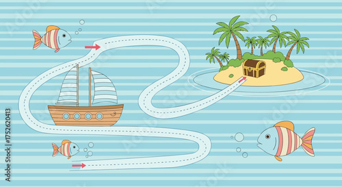 A whimsical journey to a tropical island with playful fish guiding the way.