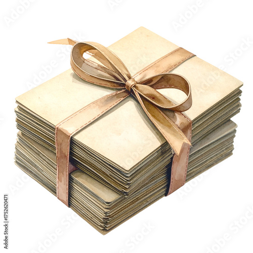 Stack of aged paper tied with a satin ribbon bow.