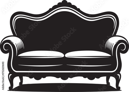 A silhouette illustration of an ornate victorian style sofa with detailed armrests and cushions design