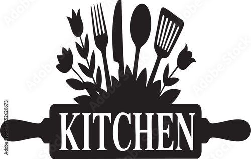A black and white kitchen sign with a rolling pin and cooking utensils silhouette illustration vector art