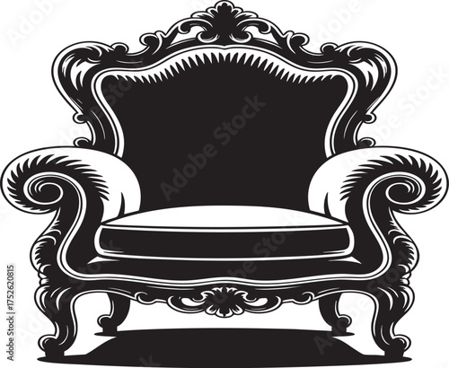 An ornate throne chair with intricate carvings and a plush cushion in black and white illustration