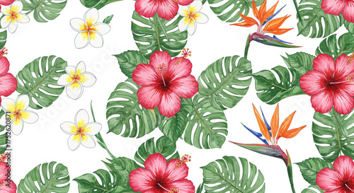 This vibrant illustration showcases a beautiful seamless pattern of tropical watercolor flowers and lush foliage, perfect for adding an exotic touch to any design. 