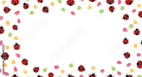 Charming ladybugs and soft petals create a delightful border.