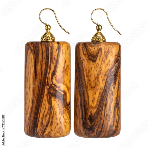 Elegant wooden cylinder earrings with gold hooks hang against a dark background.