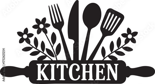 Black kitchen utensils and flowers above rolling pin with word kitchen on a white background