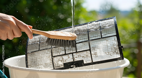 清潔感のあるフィルター洗浄と乾燥の構図