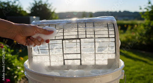 清潔感のあるフィルター洗浄と乾燥の構図