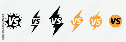 Competition VS Icon Set,  Six vector versus logos with energetic designs for sports, gaming, battle, tournaments, e-sports graphics, interface elements, and digital branding projects.
