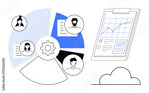 Gear connecting team members in segmented chart beside clipboard with graphs. Ideal for teamwork, collaboration, performance metrics, workflow management, productivity, analytics, simple flat