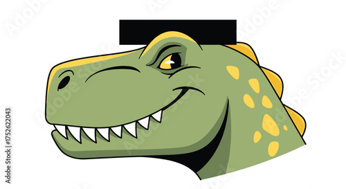A cartoon illustration of a green dinosaur with a mischievous grin and yellow markings on its head and neck.