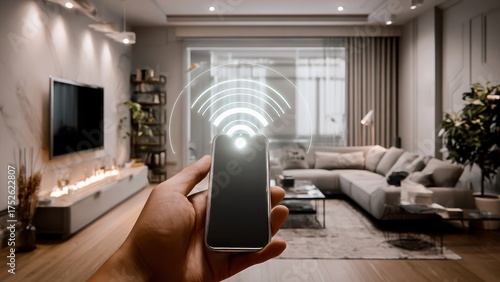 A hand holds a smartphone controlling a modern, tech-savvy living room with smart home technology.