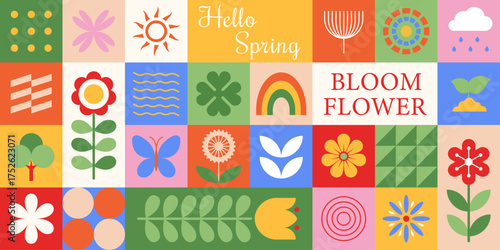 Spring background with flower, sun, butterfly, tree icons and geometric shapes. Design for wallpaper, poster, banner, card, packaging and more. Vector illustration.