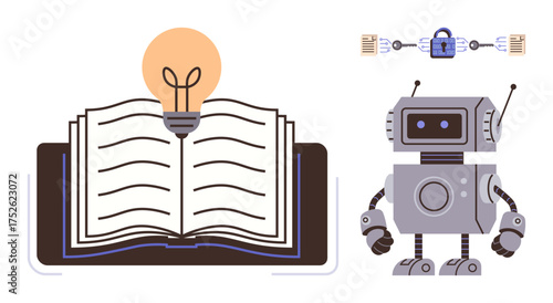 Open book with glowing light bulb symbolizing ideas, robot representing AI, and secure lock with data sharing. Ideal for education, AI, cybersecurity, innovation, knowledge, creativity science