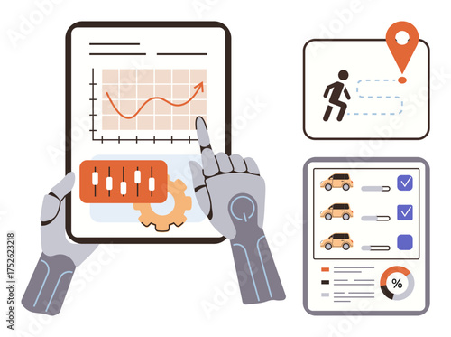 Robotic hands interacting with analytical charts, a navigation map with location marker, and a vehicle comparison checklist. Ideal for AI, automation, robotics, technology, data analysis, logistics