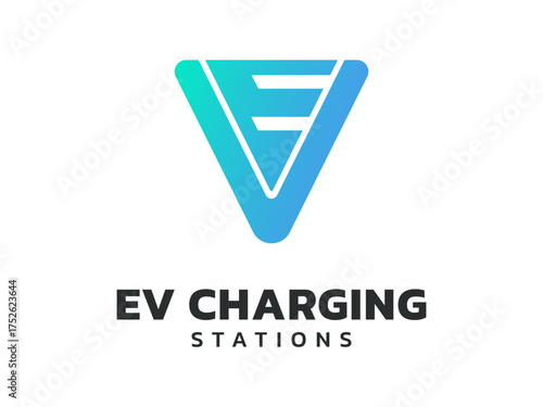 Electric vehicle charging stations with letter e,v overlapping in rounded triangle shape logo vector design concept. EV charging logotype symbol for Electric Car, EV station, ui, business, company.