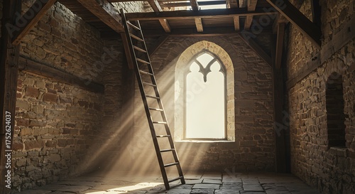 inside interior room in old castle, wooden ladder and window