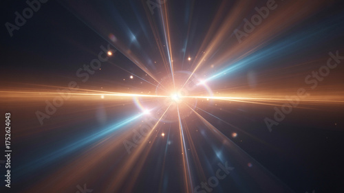 A dazzling lens flare shining in the darkness. light trails on the road at night