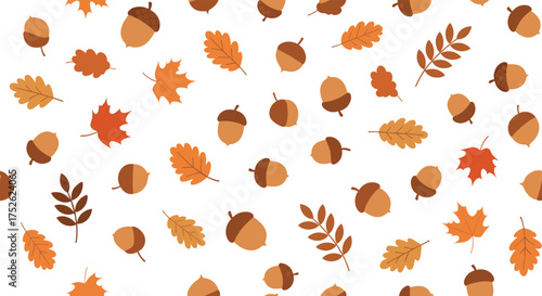 A delightful pattern of autumn leaves and acorns scattered across a white background.