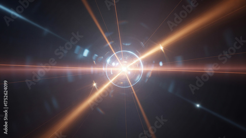 A dazzling lens flare shining in the darkness. light trails on the road at night