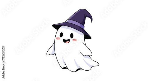 A cute white ghost wearing a purple witch hat is floating happily.