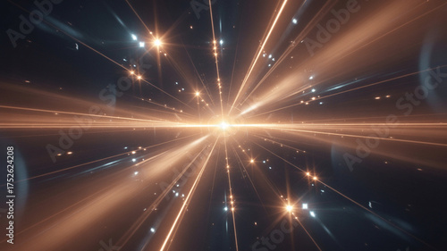 A dazzling lens flare shining in the darkness. light trails on the road at night