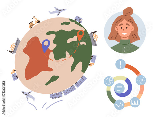 Globe with transport modes, location markers, and data charts alongside a smiling individual. Ideal for supply chain, technology, networking, analytics, business geography education. Simple flat