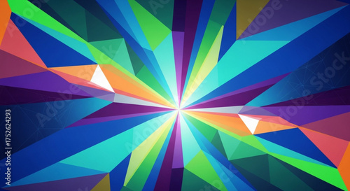 Abstract background with colorful geometric shapes radiating from the center, creating a dynamic and vibrant pattern with a modern and futuristic feel