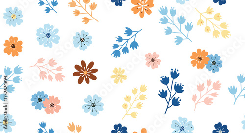 A seamless pattern of delicate and colorful floral designs adorning a clean white background.
